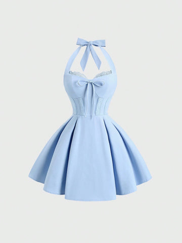 PA5403 Women's Elegant Solid Color Backless Halter Mini Dress, Summer