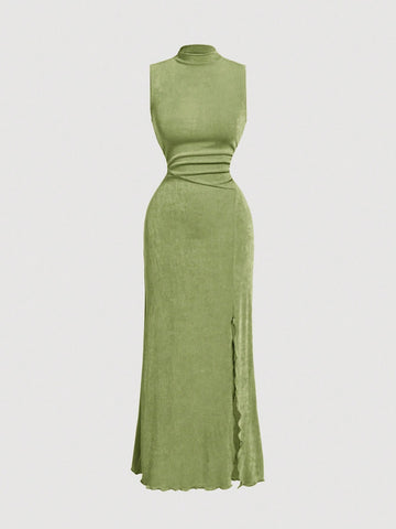 PA5710 || Winter,Women's High Slit Dress With Stand Collar,Rust Brown, Half Turtleneck, High Slit Hem, Ladies Elegant, Party, Knitted Long Dress For Women