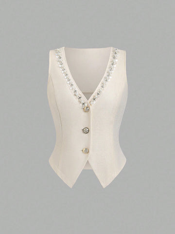 HW6652 Women's Beaded Single Breasted V-Neck Fashion Vest Shirt