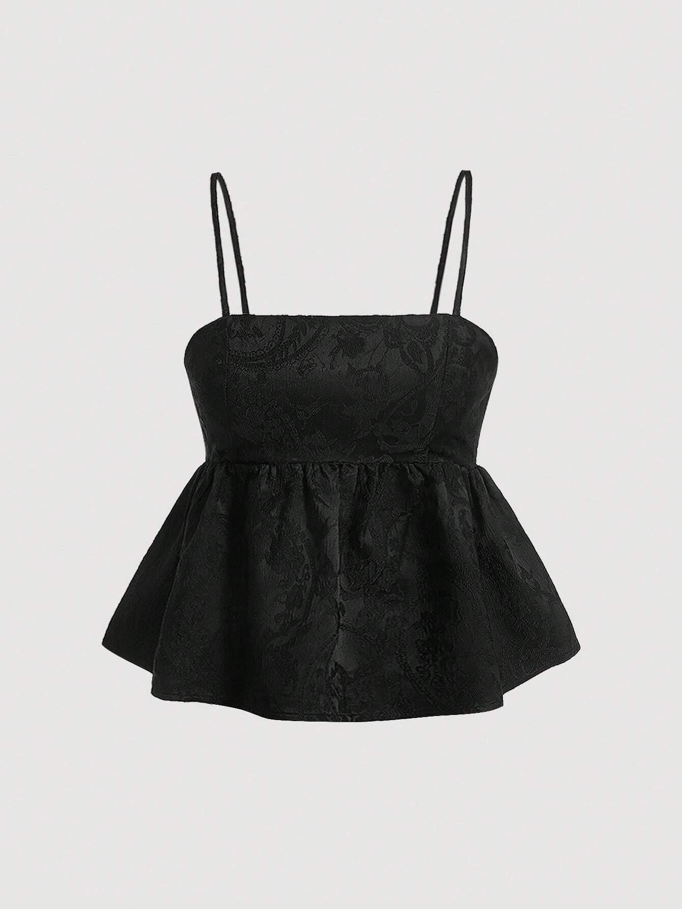 PA6680	Jacquard Peplum Cami Black Short Tube Top Doll Top