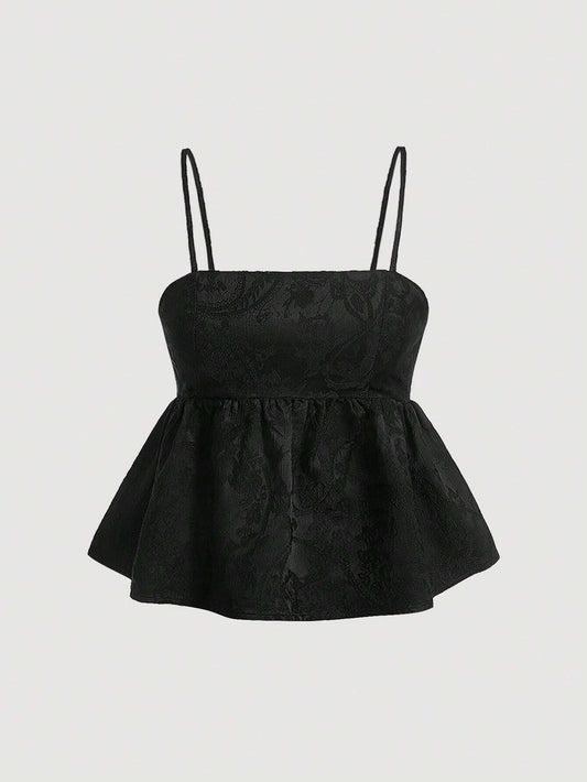 PA6680	Jacquard Peplum Cami Black Short Tube Top Doll Top