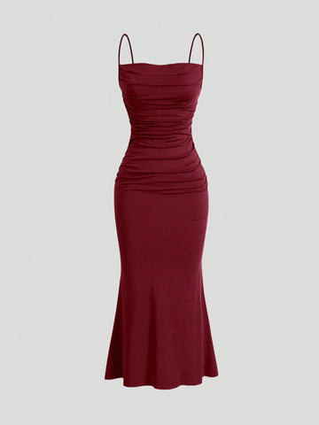PA1083	Solid Ruched Cami Dress Burgundy Maxi Women Outfit
