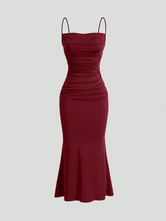 PA1083	Solid Ruched Cami Dress Burgundy Maxi Women Outfit