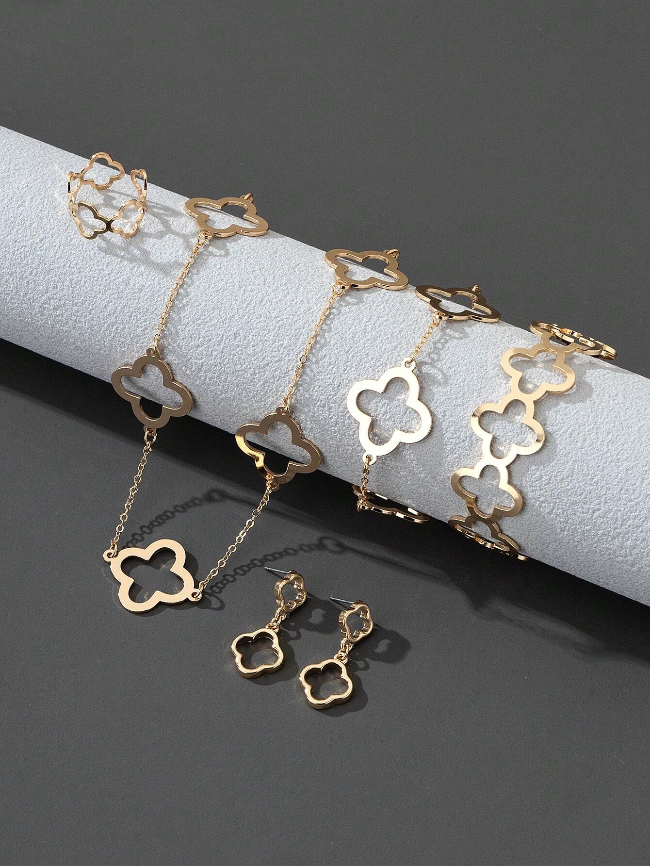 WZ0006	1set Hollow Out Lucky Clover Necklace, Bracelet, Bangle, Ring And Earrings Valentines