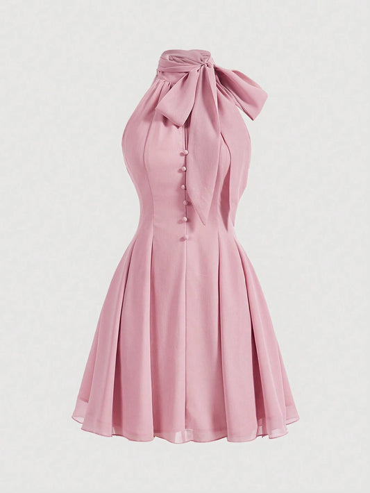 PA1924  Pink Ribbon Bow Detail Tie Strap Neck Romantic Summer Dress