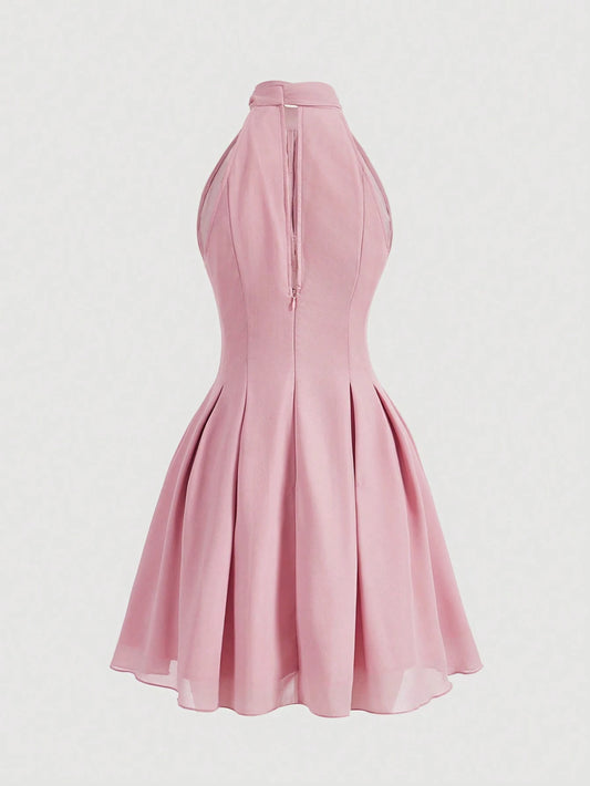 PA1924  Pink Ribbon Bow Detail Tie Strap Neck Romantic Summer Dress