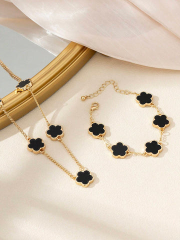 WZ0004	1pc Sweet And Elegant Lucky Clover Pendant Necklace And Bracelet Set For Women Valentines
