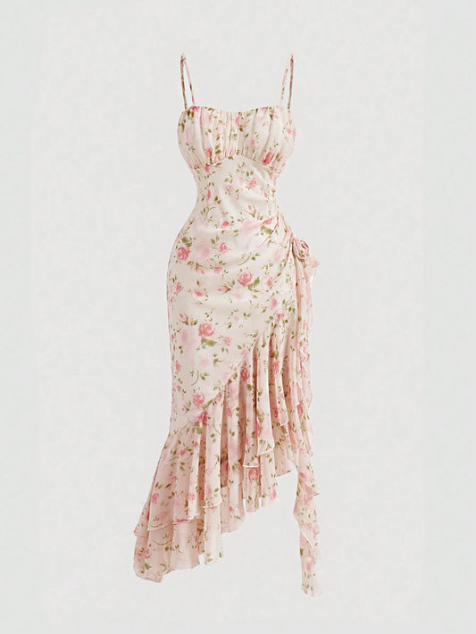 PA0157 Tie Dye Printed 3D Flowers Romantic Girl Summer Dress Dress Party
