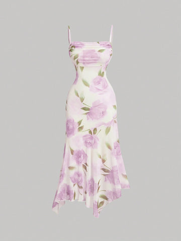 PA3482 || Women's Floral Print Pleated Front Waist Asymmetrical Hem Camisole Dress,Elegant Women Dresses,Homecoming Dresses,Asymmetrical Dress,Bridesmaid Dress,Brunch Women Outfit, Festival Dress,Wedding Dress Guest
