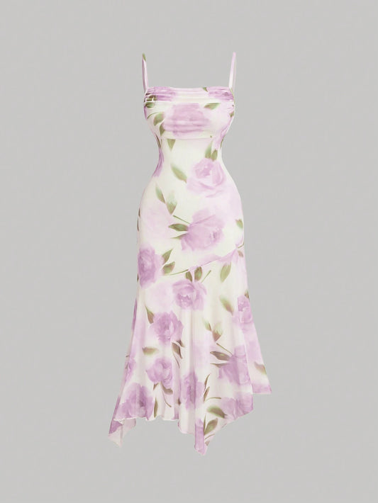 PA3482 || Women's Floral Print Pleated Front Waist Asymmetrical Hem Camisole Dress,Elegant Women Dresses,Homecoming Dresses,Asymmetrical Dress,Bridesmaid Dress,Brunch Women Outfit, Festival Dress,Wedding Dress Guest