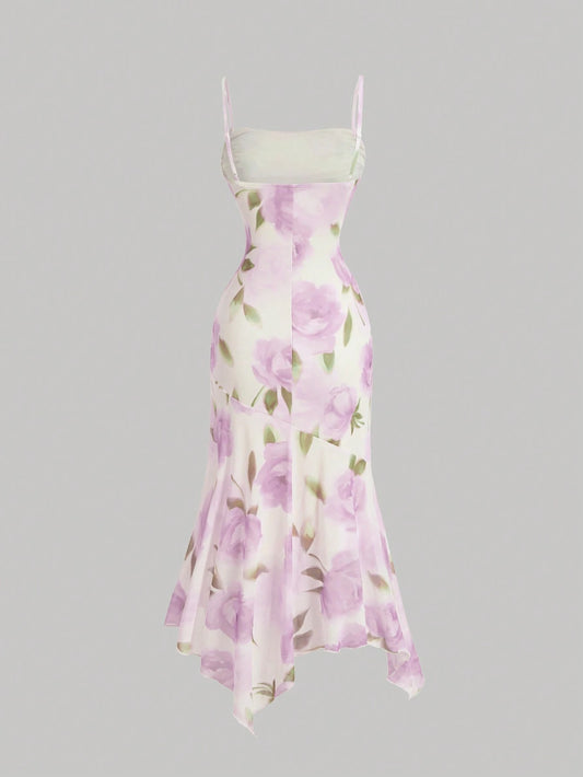 PA3482 || Women's Floral Print Pleated Front Waist Asymmetrical Hem Camisole Dress,Elegant Women Dresses,Homecoming Dresses,Asymmetrical Dress,Bridesmaid Dress,Brunch Women Outfit, Festival Dress,Wedding Dress Guest