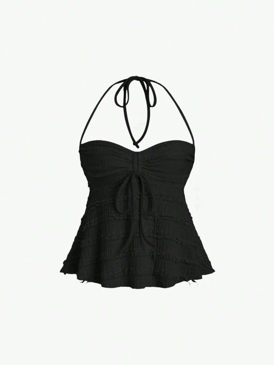 PA3701	Solid Color Drawstring Halter Backless Sexy Summer Tank Top