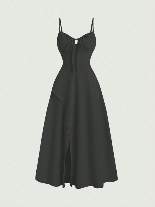 PA7401	Spring Summer Vacation Casual Solid Color High Slit Halter Neck Dress With Cinched Waist Maxi Women Outfit