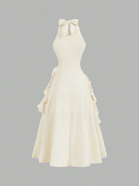 Apricot 3D Flower Halterneck Dress With Ruffled Hem,Bachelorette Dress,Midi Women Dresses,Fall Dresses,Cream Dress,Evening Dress,Homecoming Dresses,Fall Clothes