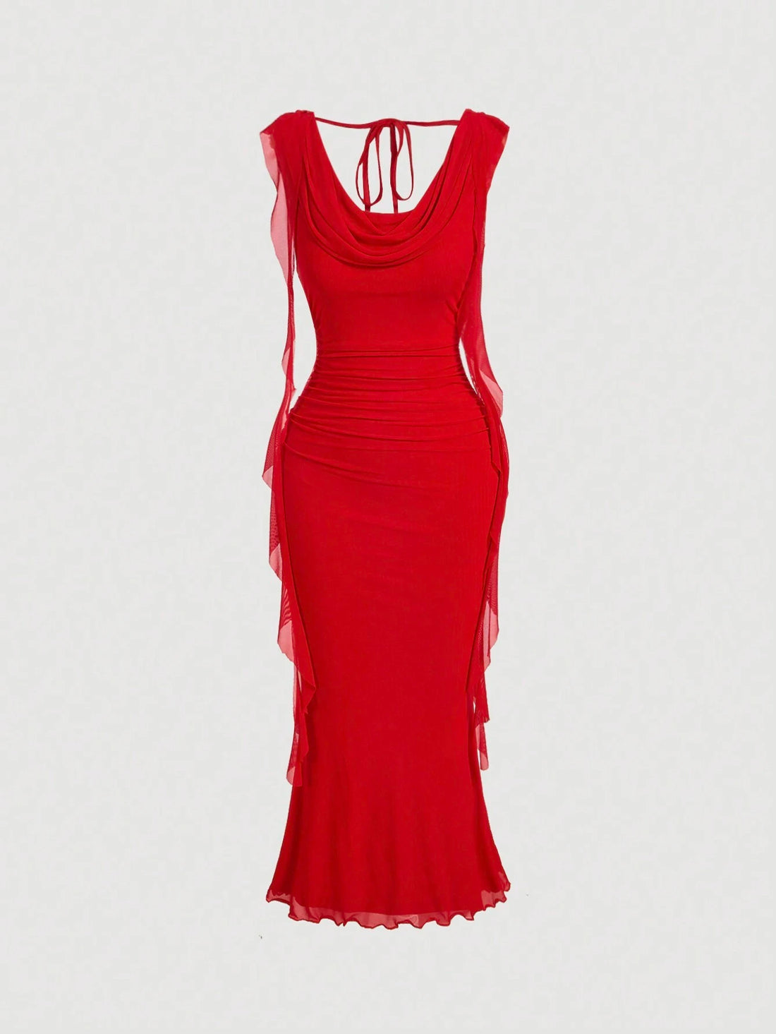PA0271 || Deep Red Off-Shoulder Tie Waist Mesh Midi Dress For Women