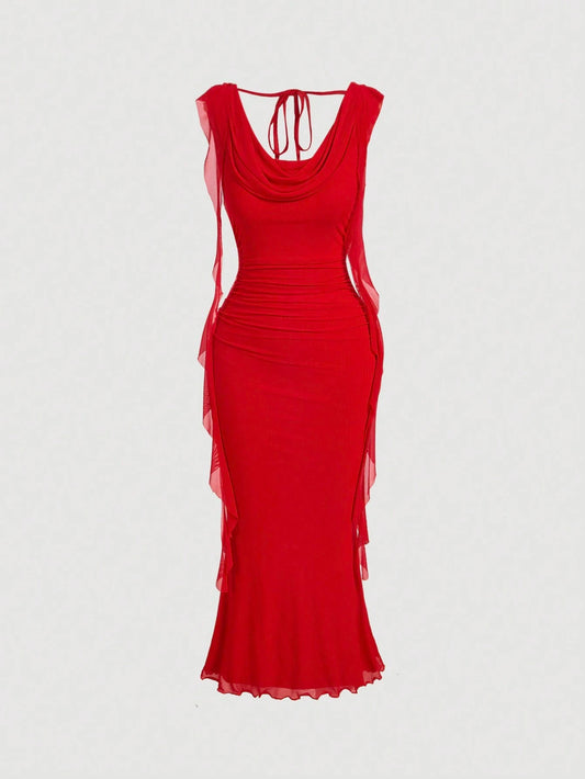 PA0271 || Deep Red Off-Shoulder Tie Waist Mesh Midi Dress For Women