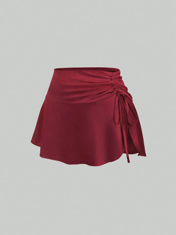 CV2038	Ladies Satin Drawstring Side Slit Airy Elegant Skirt Mini Short Women Outfit