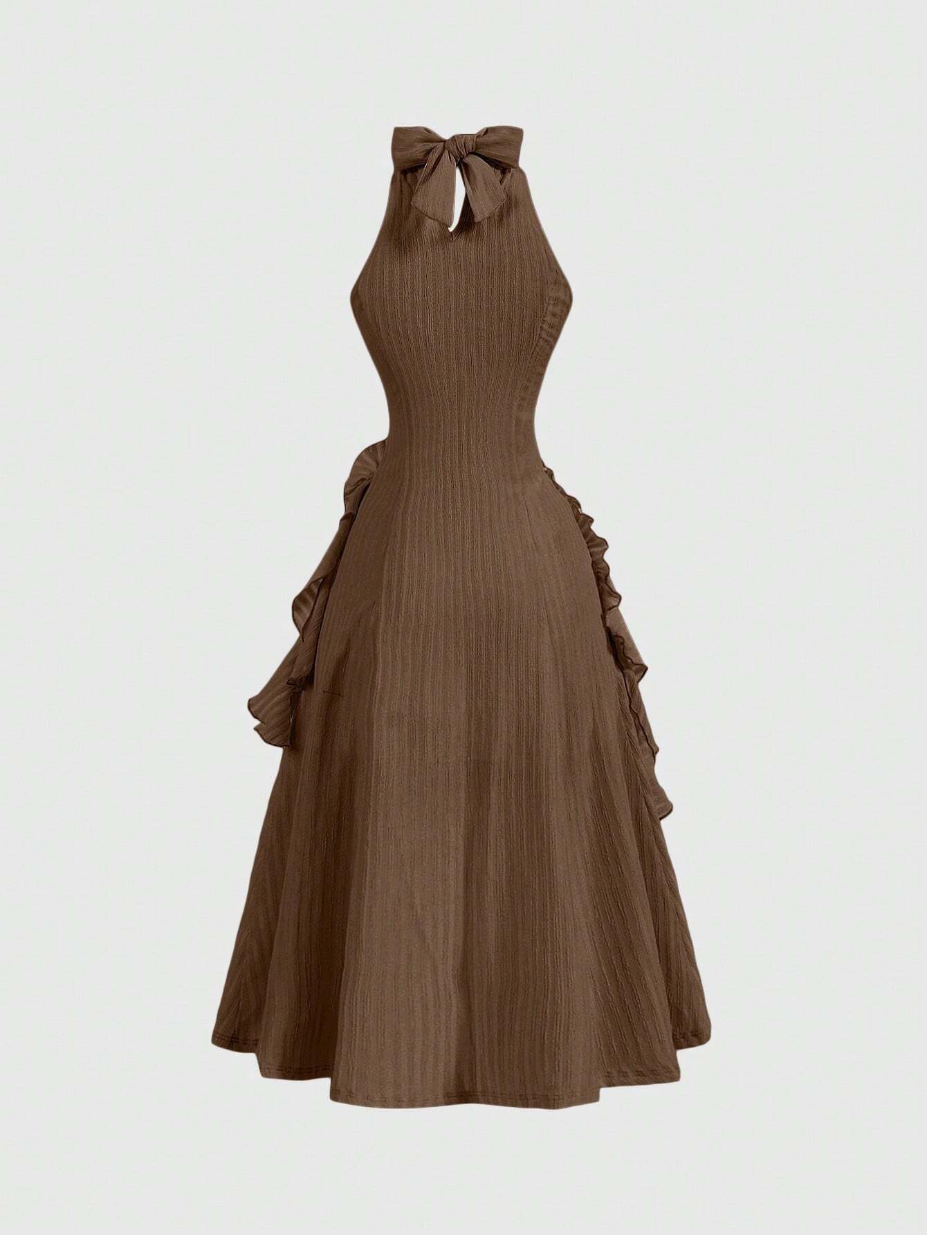 Apricot 3D Flower Halterneck Dress With Ruffled Hem,Bachelorette Dress,Midi Women Dresses,Fall Dresses,Cream Dress,Evening Dress,Homecoming Dresses,Fall Clothes