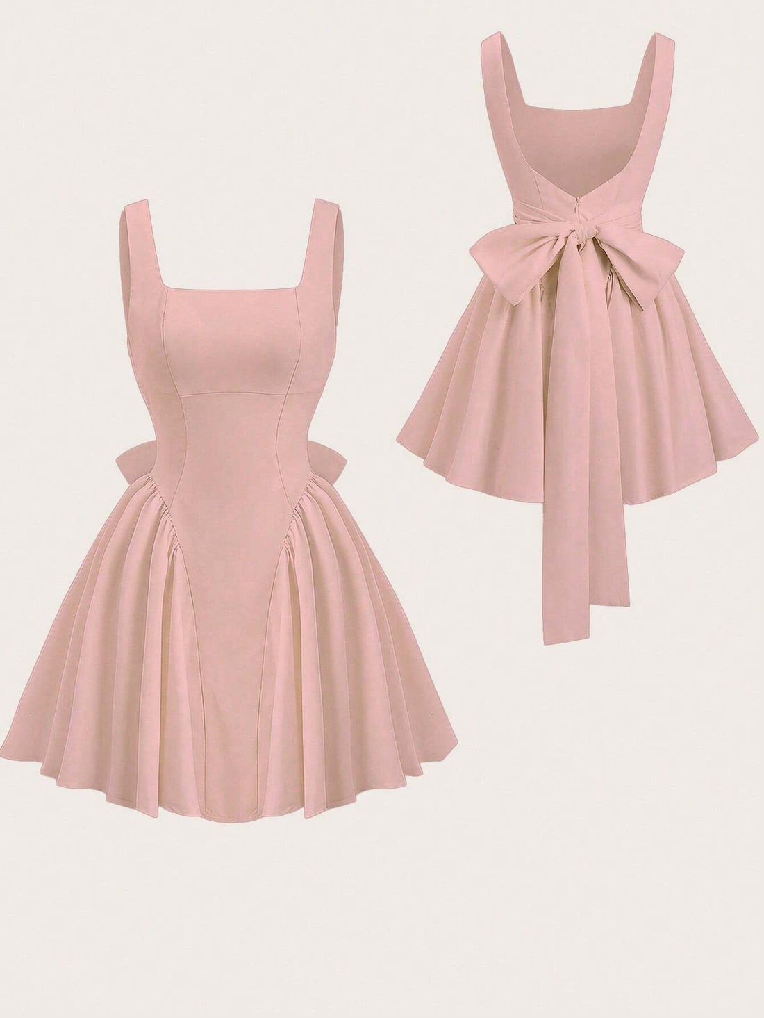 PA7132	Women's Solid Color Square Neck Backless Bowknot Summer Dress