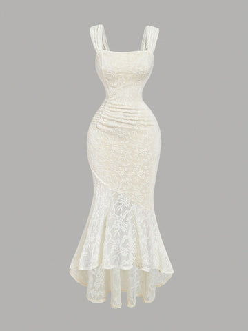 PA1294 Women Sleeveless Asymmetrical Hem Ruched Side Flocked Cami Dress