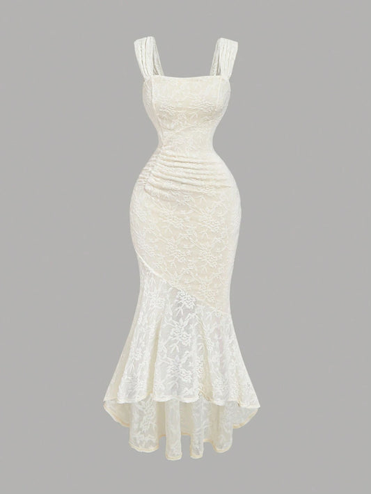 PA1294 Women Sleeveless Asymmetrical Hem Ruched Side Flocked Cami Dress