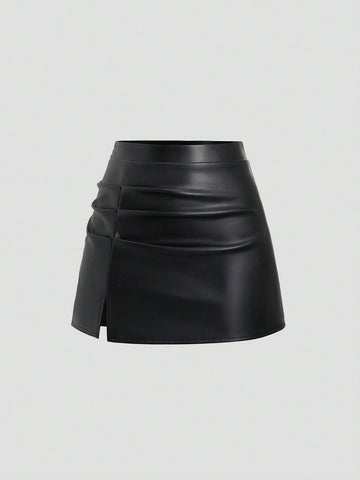 CV2012 Elegant Retro High Waist Pleated Brazilian PU Leather Side Slit A-Line Mini Skirt For Women Y2K