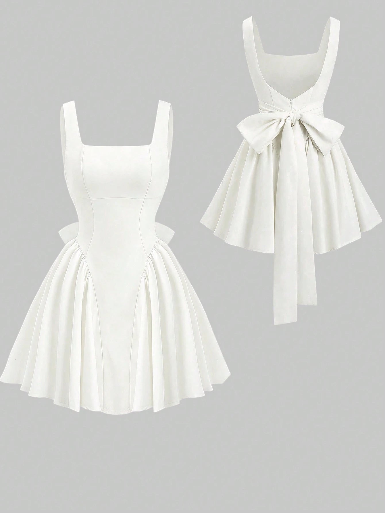 PA7132	Women's Solid Color Square Neck Backless Bowknot Summer Dress