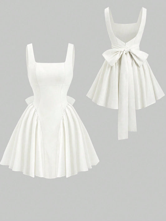 PA7132	Women's Solid Color Square Neck Backless Bowknot Summer Dress