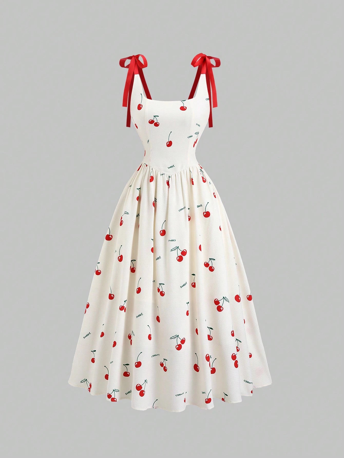 PA9704	Women's New Cherry Blossom Print Long Dress, Textured Fabric, Bow Accent, Sweet Princess Dress For Spring Vacation, Picnic, Party, Summer Contrast Tie Shoulder Strap Waisted A-Line Dress