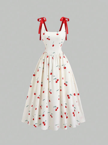 PA9704	Women's New Cherry Blossom Print Long Dress, Textured Fabric, Bow Accent, Sweet Princess Dress For Spring Vacation, Picnic, Party, Summer Contrast Tie Shoulder Strap Waisted A-Line Dress