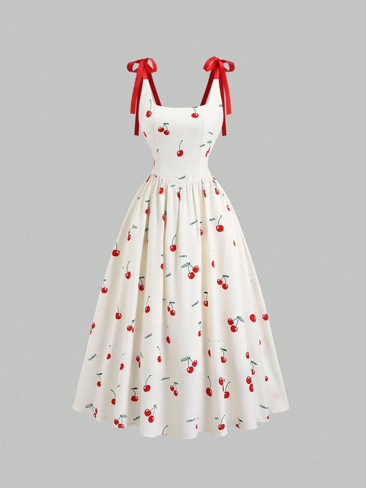 PA9704	Women's New Cherry Blossom Print Long Dress, Textured Fabric, Bow Accent, Sweet Princess Dress For Spring Vacation, Picnic, Party, Summer Contrast Tie Shoulder Strap Waisted A-Line Dress