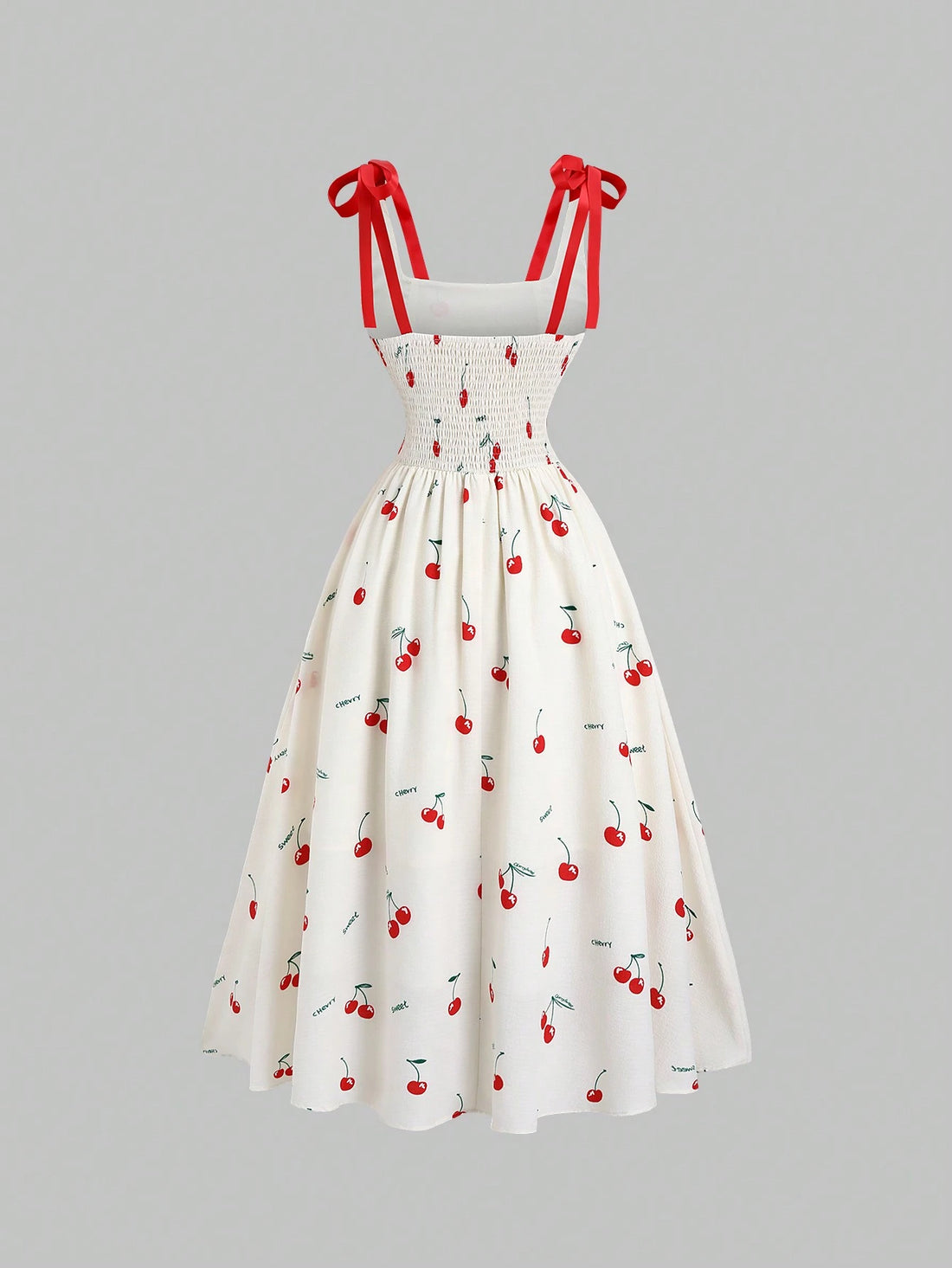 PA9704	Women's New Cherry Blossom Print Long Dress, Textured Fabric, Bow Accent, Sweet Princess Dress For Spring Vacation, Picnic, Party, Summer Contrast Tie Shoulder Strap Waisted A-Line Dress