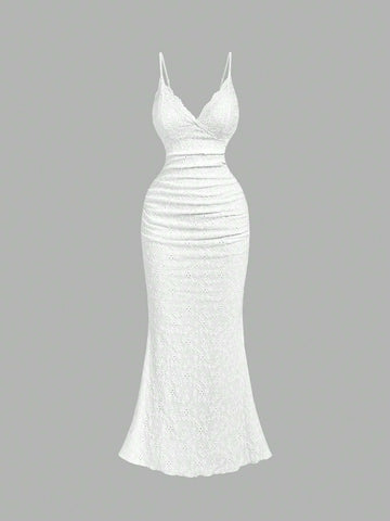 PA6652 || Women's Elegant Lace Solid Color Ruffle Hem Mermaid Hem Slip Dress,White Graduation Dress