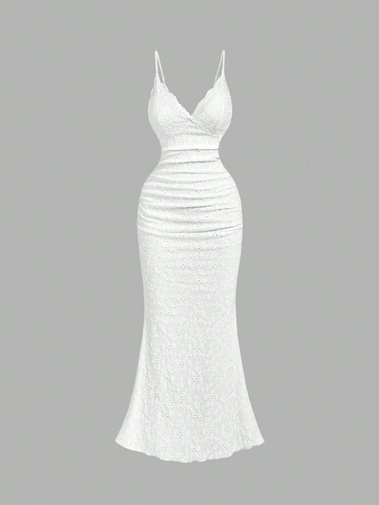 PA6652 || Women's Elegant Lace Solid Color Ruffle Hem Mermaid Hem Slip Dress,White Graduation Dress