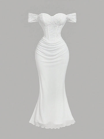 PA3049 ||Women's White Lace Splice Off-Shoulder Elegant Long Dress,Dresses For Women Party,New Years Dress Women,Sexy Dress,Women's Evening Dress,Glittery Dress,Vacation Outfits Woman,Summer Dress,Valentine's Day,Cruise Outfits Women