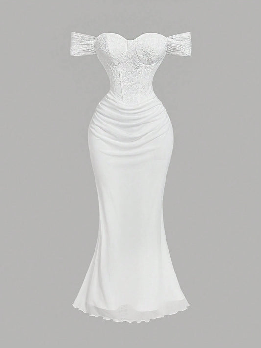 PA3049 ||Women's White Lace Splice Off-Shoulder Elegant Long Dress,Dresses For Women Party,New Years Dress Women,Sexy Dress,Women's Evening Dress,Glittery Dress,Vacation Outfits Woman,Summer Dress,Valentine's Day,Cruise Outfits Women