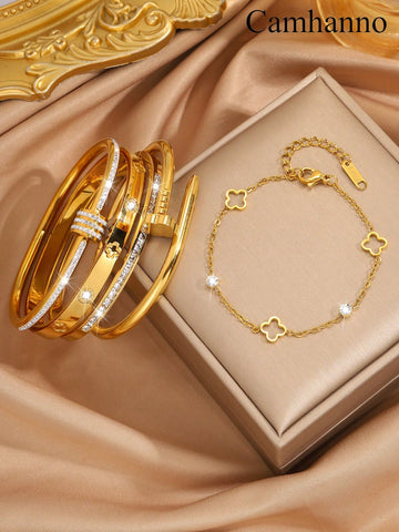 WZ0013	Camhanno 1/5 PCS Stackable Exquisite And Fashionable Stainless Steel Four Leaf Flower Embossed+Four Leaf Flower Nail Bracelet Bracelet Set, Suitable For Giving To Mothers/Best Friends/Lovers Valentines