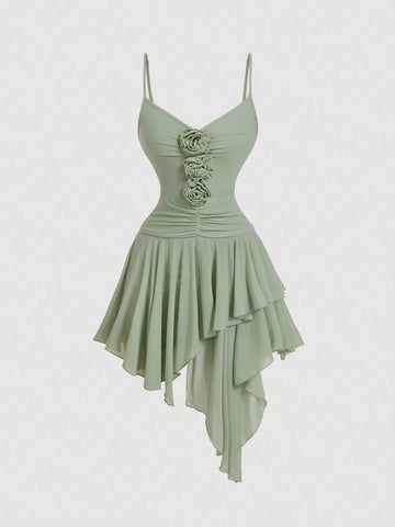 PA6105 || Green Dreamy & Romantic Dress With Tiered Ruffle Hems And 3D Floral Decor, Suitable For Dates, Parties, Holidays, Tea Parties, Birthday Outfit,Summer Outfits For Women,Romantic Dresses,Beach Outfits For Woman,90s Clothes,Western Wear Women