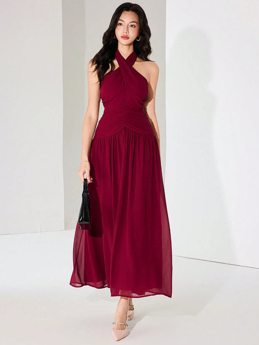 Women's Mock Neck Waist Ruched Burgundy A-Line Dress