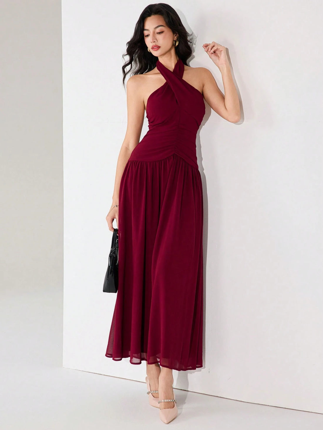 Women's Mock Neck Waist Ruched Burgundy A-Line Dress