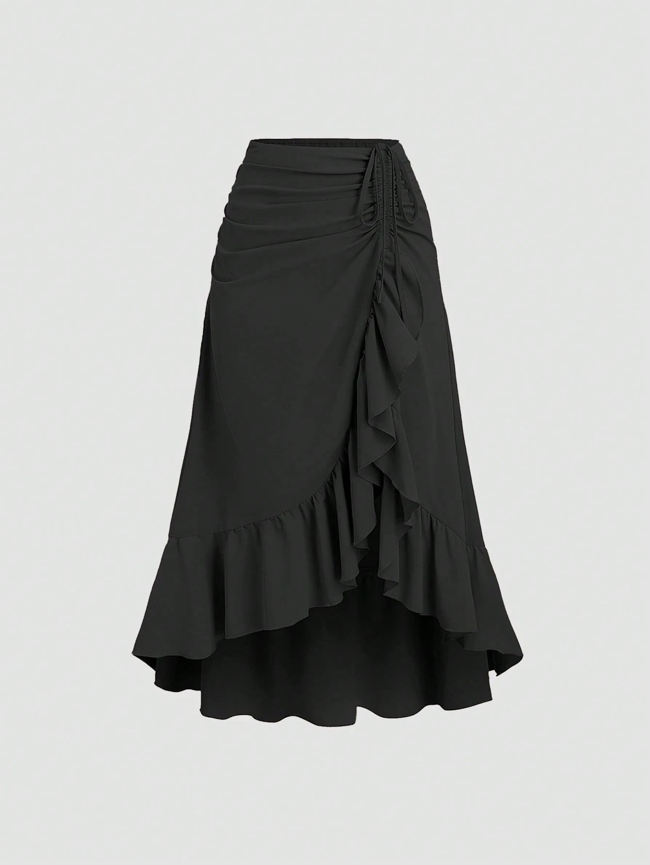 CV2021	Women's New V-Hem Ruffled Drawstring Waist Layered Skirt, Vintage Style, Burgundy, Spring/Summer, Suitable For Valentine's Day, Party, Bohemian
