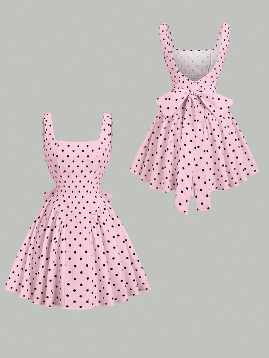 PA2859	Retro Monochrome Polka Dot V-Neck Sleeveless Ruched Flirty Back Cutout Sexy Mini Dress With Sophisticated Print, American Style