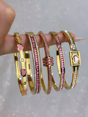 WZ0021	Gold Pink Playful And Fashionable Stainless Steel Bracelet With Diamonds, Suitable For The Holiday Girlfriend Full Of Ritual