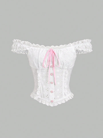 HW1046	New Fashion Sexy Lace Trim Sweet Flattering Dual-Wear Blouse Top