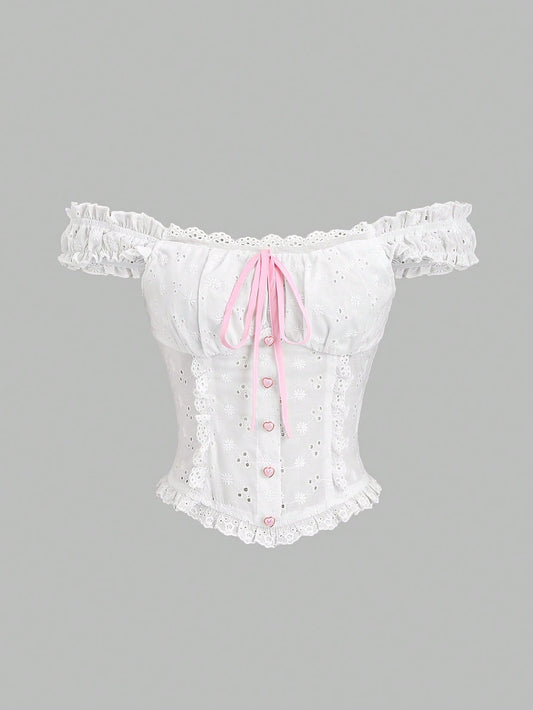 HW1046	New Fashion Sexy Lace Trim Sweet Flattering Dual-Wear Blouse Top