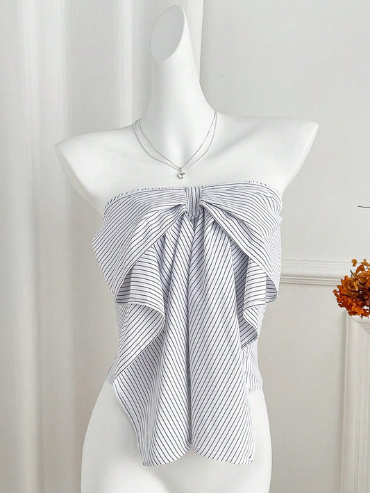 PA4809	Spring/Summer Bow Striped Slim-Fit Sleeveless Cropped Open Shoulder Casual Blouse