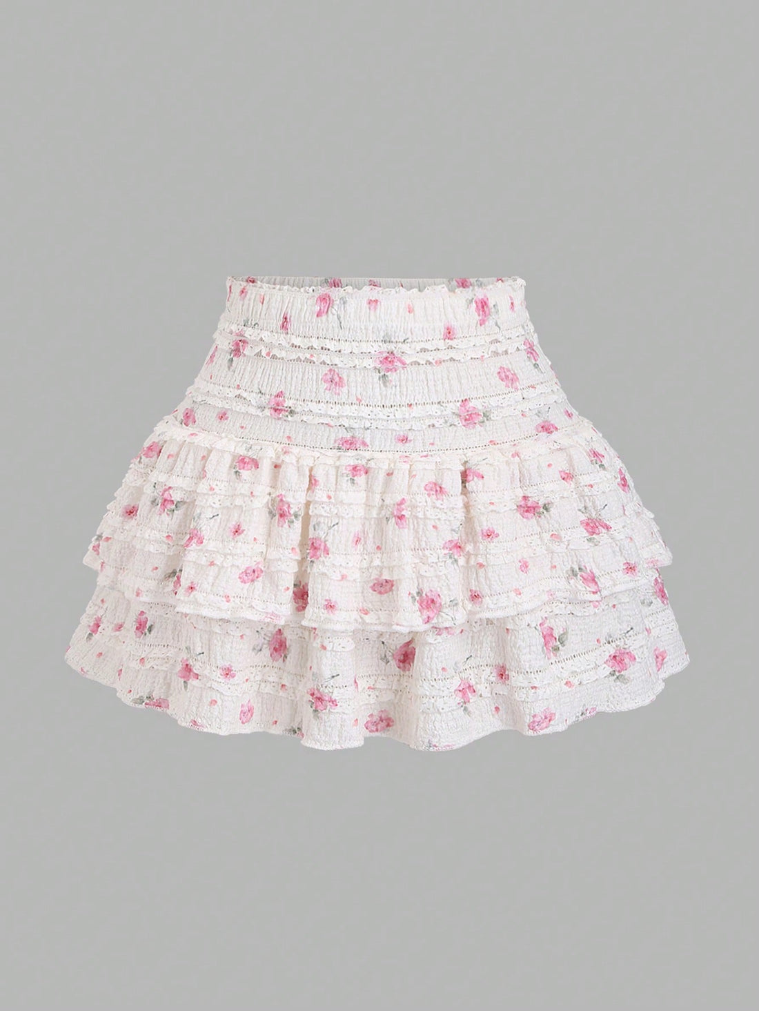 CV2032	Sweet Ditsy Floral Layered Ruffle High Waist Mini Skirt, For Spring/Summer