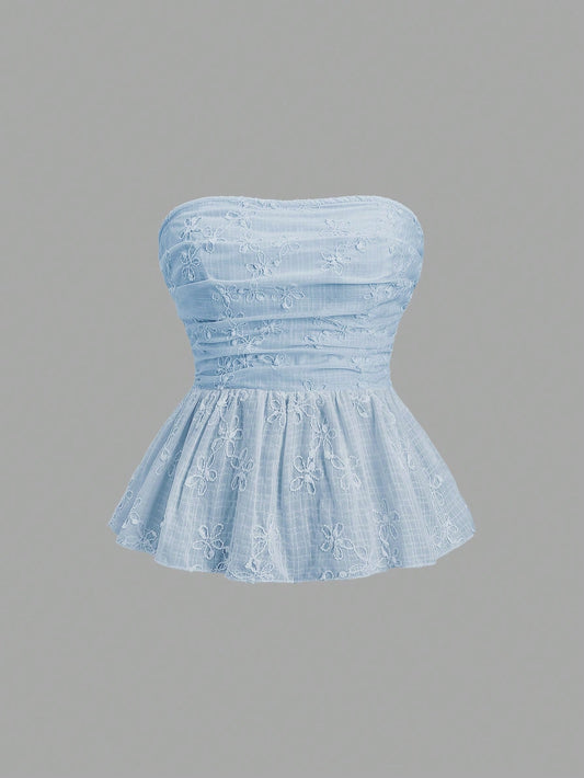 PA1538	Women's Summer Embroidered Shirred Tube Top Babydoll Top Y2K