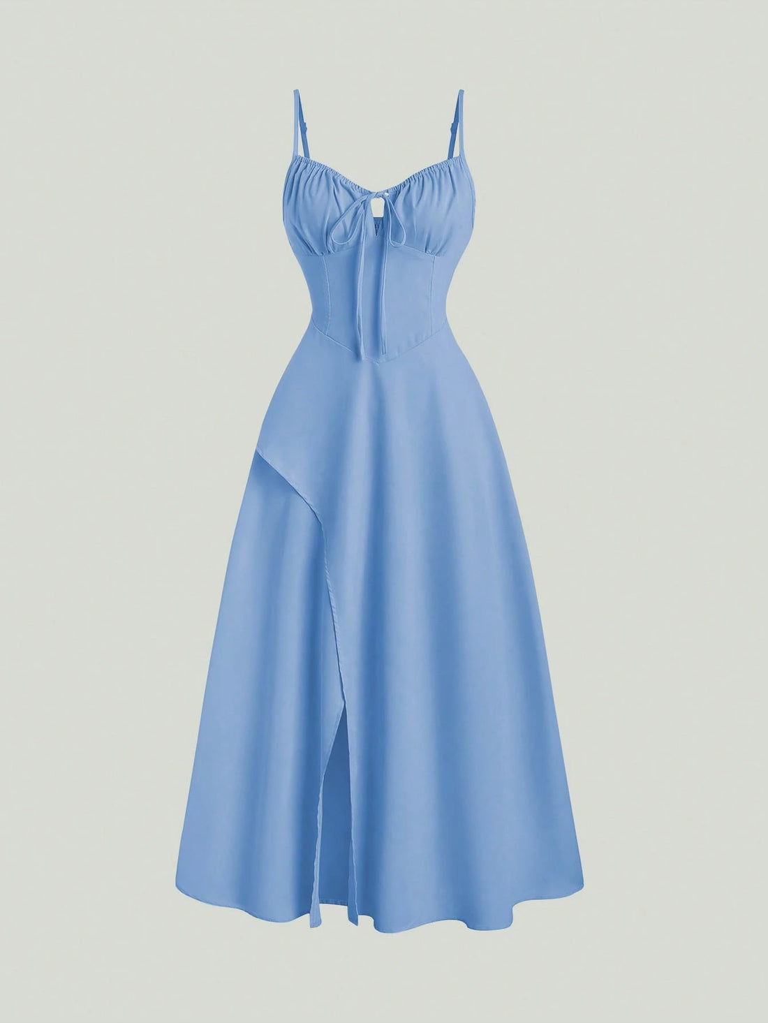 PA7401	Spring Summer Vacation Casual Solid Color High Slit Halter Neck Dress With Cinched Waist Maxi Women Outfit