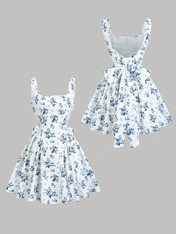 PA2859	Retro Monochrome Polka Dot V-Neck Sleeveless Ruched Flirty Back Cutout Sexy Mini Dress With Sophisticated Print, American Style